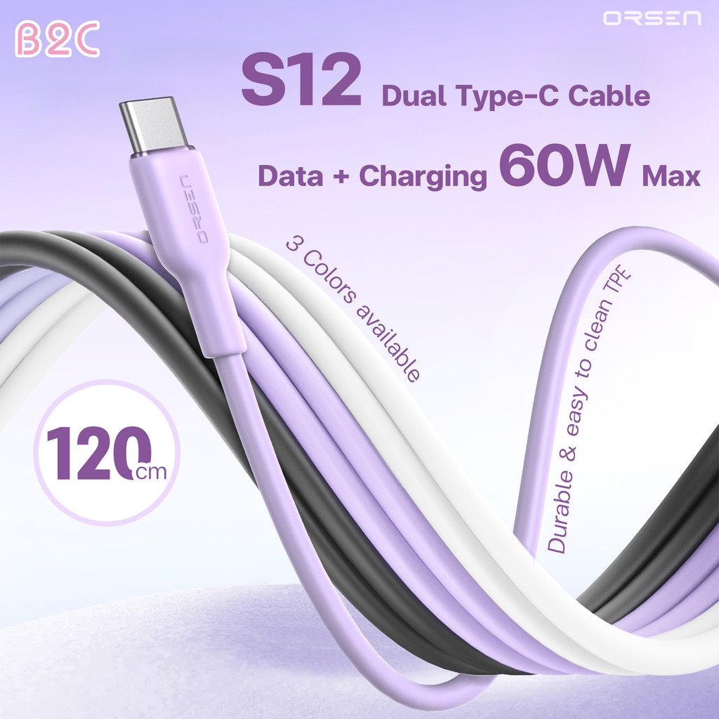 Orsen by Eloop รุ่น S12 สายชาร์จ Type C to C 3A 60W Fast Charger PD สาย โน๊ตบุ๊ค Laptop 1.2 เมตร