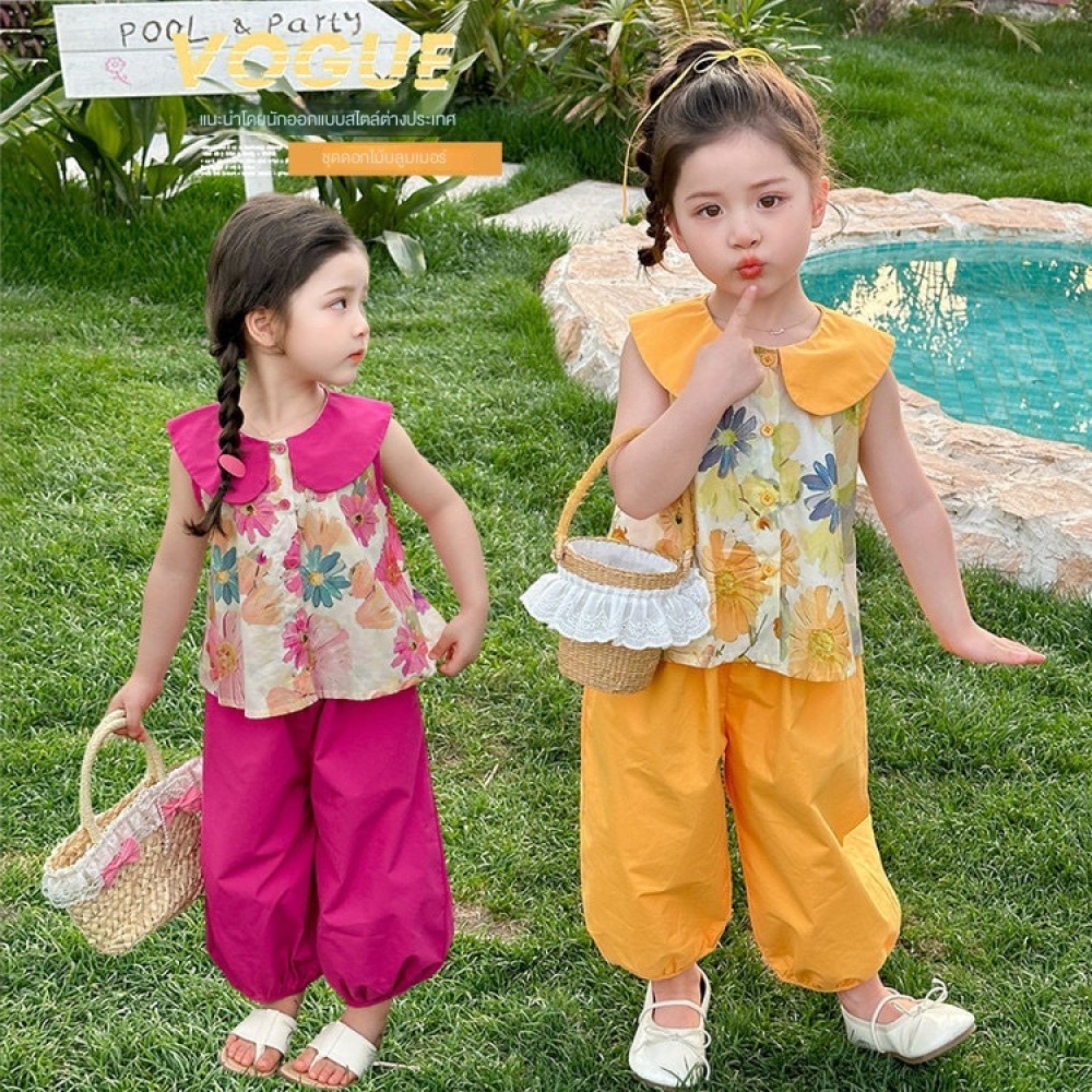 สาวสองชิ้นตุ๊กตาคอ 2025 ชุดเสื้อผ้าสาวชุดเด็กฤดูร้อนกระโปรงเสื้อกั๊กบาง ✨bhapyth.ooi23.th✨