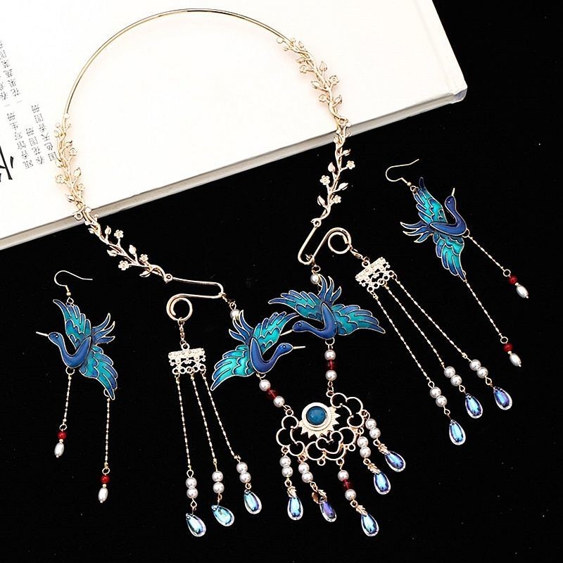 T Classy/Hanfu อุปกรณ์เสริมทําด้วยมือโบราณคอไหล Yingluo เครื่องประดับสร้อยคอต่างหูจี้เครื่องแต่งกายโ