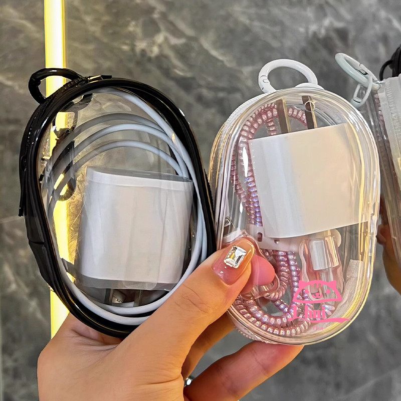 กระเป๋าใส การเดินทาง แพ็กเกจเก็บของ สายข้อมูล เครื่องชาร์จ ตุ๊กตา หูฟัง กระเป๋าใส แบบพกพา อเนกประสงค์ ขาวดำ