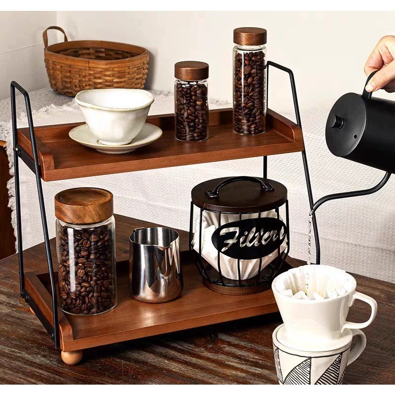 ชั้นวางไม้วินเทจมัลติฟังก์ชั่สก์ท็อปสองชั้นชั้นวางถ้วยไม้และเหล็กรวมชั้นวางไม้เนื้อแข็งชั้นวาง