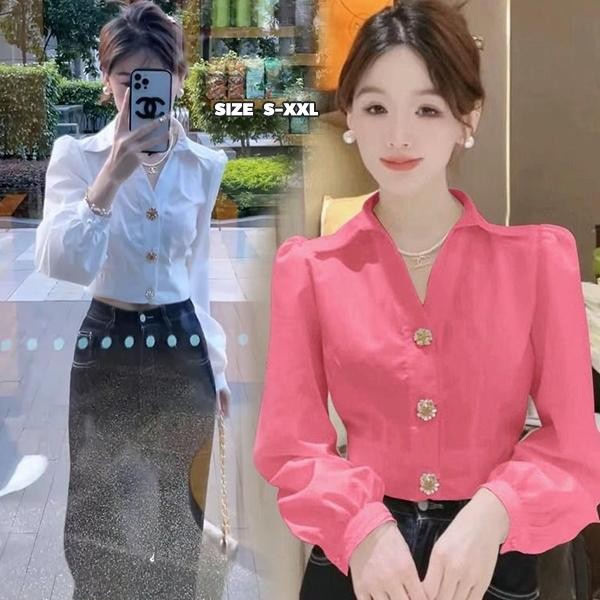 mimi&didi##เสื้อเชิ้ตสั้นสีชมพู เสื้อแขนฟอง แขนยาว การออกแบบ 3 ปุ่ม พลัสไซส์ สำหรับผู้หญิง ดีไซน์เก๋ไก๋#W673