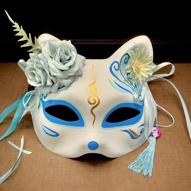 [SFI] Anime Demon Fox Mask Hand-painted หน้ากากญี่ปุ่นครึ่งหน้าหน้ากากดอกไม้ Masquerade Festival Bal