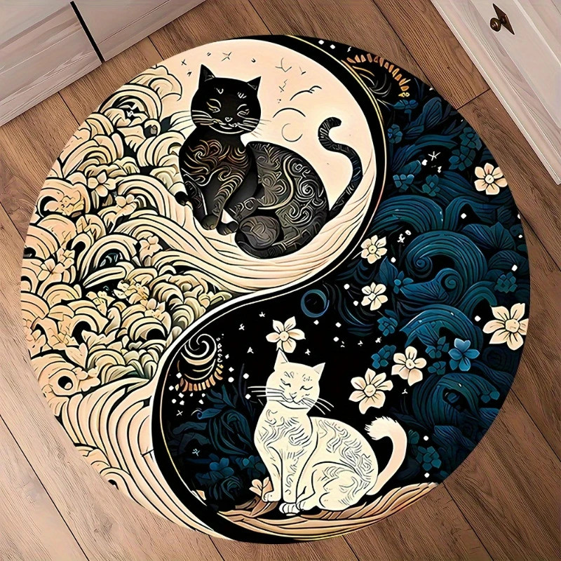 พรมวงกลม Yin Yang Cat มีฐานกันลื่นและทำจากฟล่าน น้ำหนักเบา เหมาะสำหรับห้องนั่งเล่น