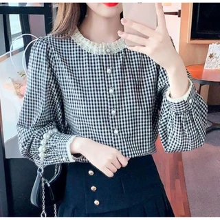 Chili Koko เสื้อเชิ้ต ลายสก็อต สไตล์เรโทรฝรั่งเศส คอกลม ลูกไม้ระดับไฮเอนด์ สำหรับผู้หญิง แขนยาว เสื้อเรียบหรู 99217