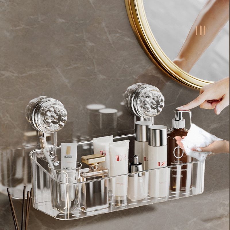 แบบถ้วยดูด ไม่ต้องเจาะวัสดุโปร่งใส เรียบง่ายและสวยงาม ชั้นวางของติดผนัง ชั้นวางถ้วยดูดแบบกด ชั้นวางของในห้องน้ำ