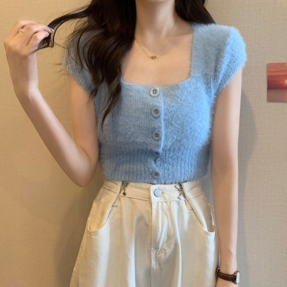 เสื้อครอปท็อปแขนสั้น คอสี่เหลี่ยม ผ้ากํามะหยี่ขนนิ่ม แบบเข้ารูป สําหรับผู้หญิง Crop top Short sleeve