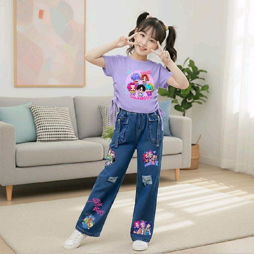 PINKชุดเซ็ทเด็กลายสุดฮิตSoda pop กางเกงยีนส์แท้ทรงคาร์โก้+เสื้อผูกโบว์ข้าง