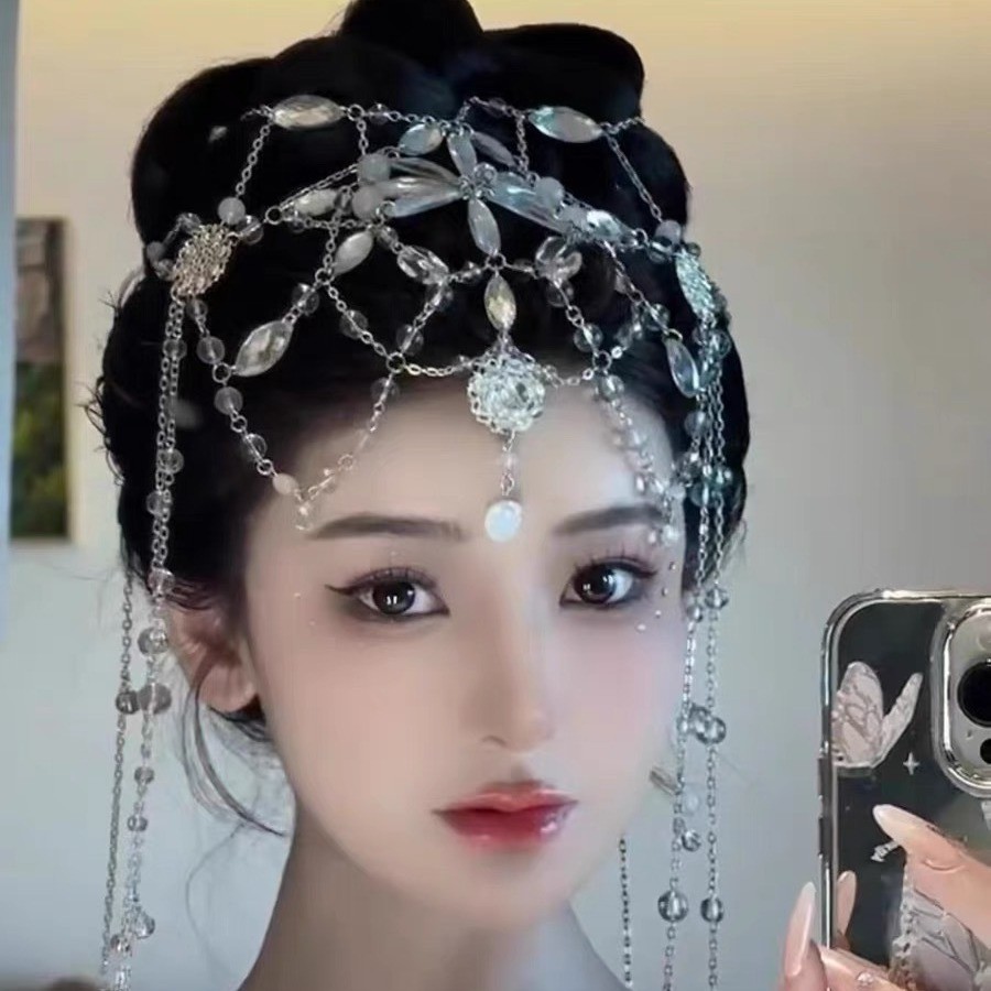 Super Immortal สไตล์โบราณดาบ Xiyao Headdress Water Drop พู่คริสตัล Palace เครื่องประดับผม Yang Mi เค