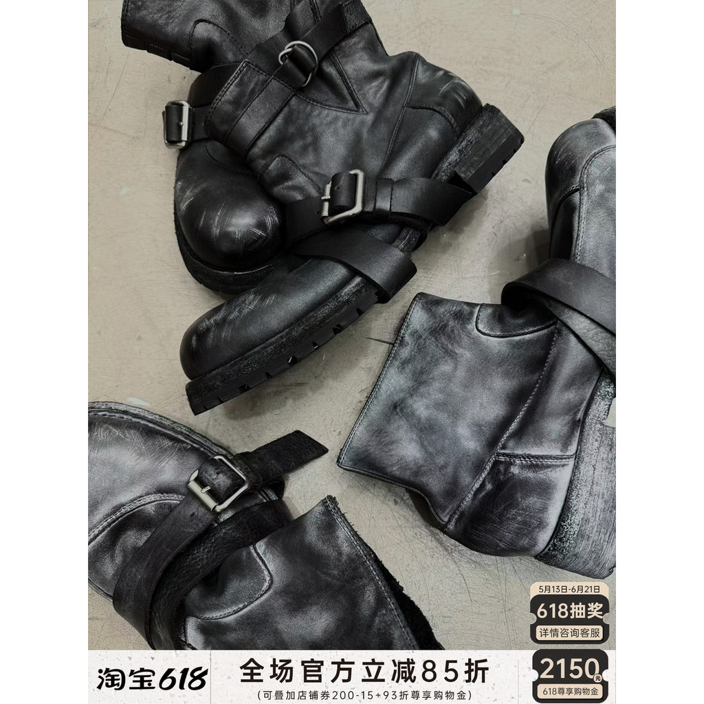 JCAESAR BOOTS Distressed Frost Laced-Up Engineer BOOTS Goodyear Argentina Cowhide หนังแท้ Outsole