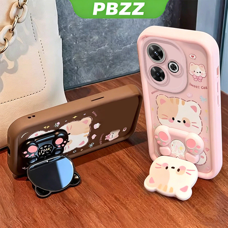 เคสสําหรับ POCO C65 5G REDMI 13C 2023 4Gเคสโทรศัพท์Softcaseซิลิโคนกันกระแทกฝาครอบการออกแบบใหม่ความงามที่มีผู้ถือ 360° กระจกแต่งหน้า แมวน่ารัก สําหรับเด็กผู้หญิง JTXMMZJ