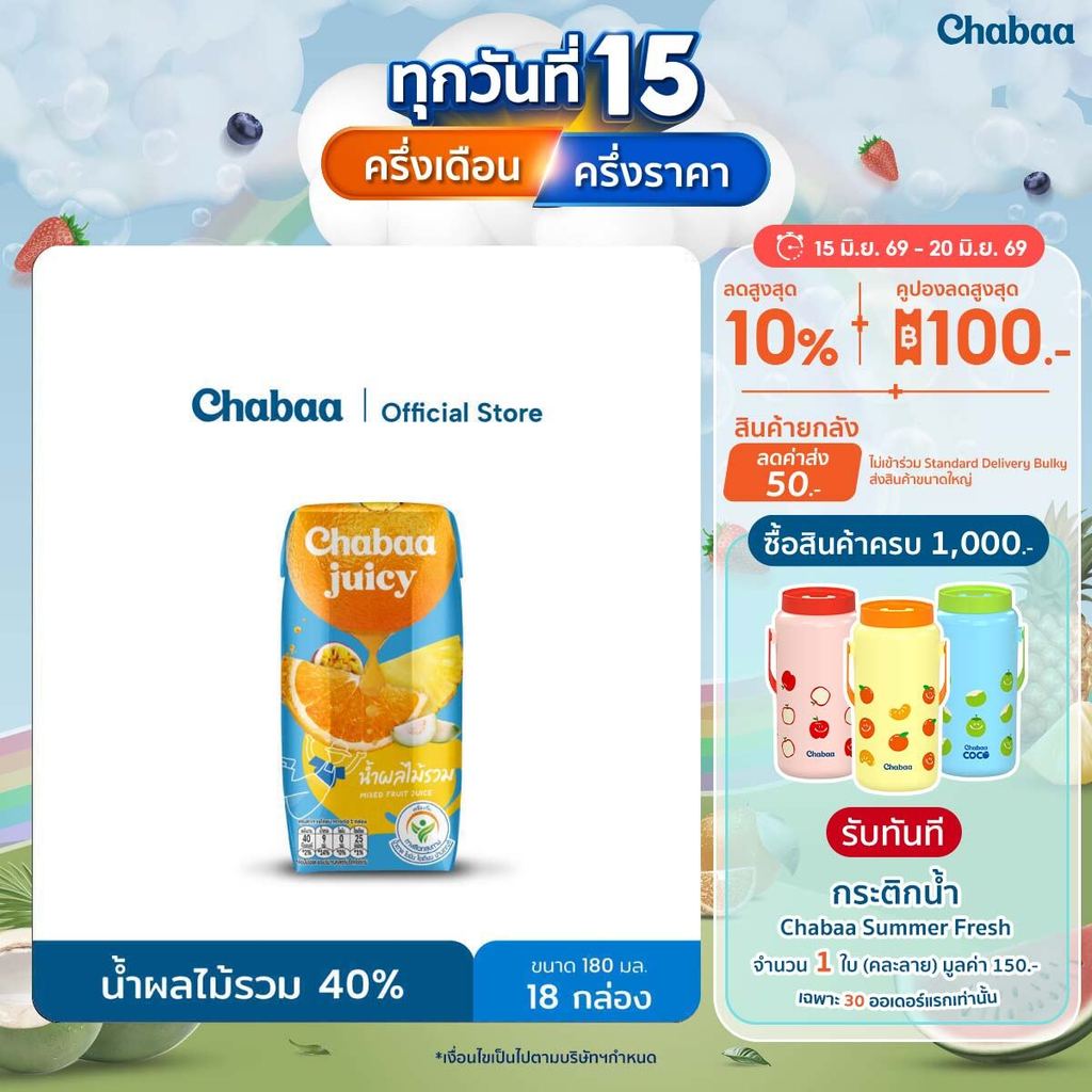 CHABAA น้ำผลไม้รวม 40% 180 มล. (18 กล่อง)