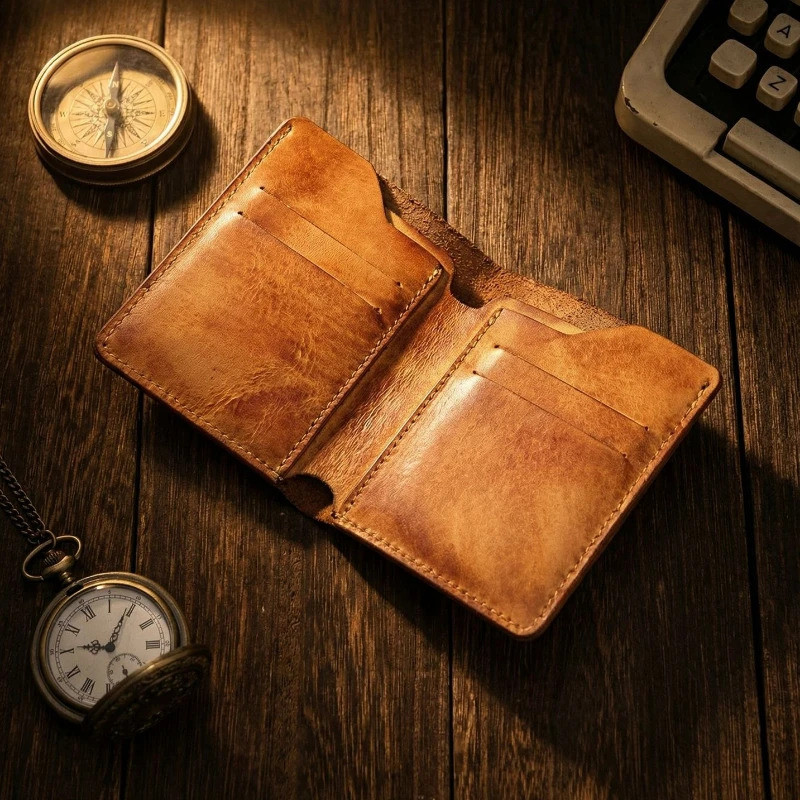 Retro Handcrafted Leather Small Wallet for Men, Vintage Durable EDC Card Holder, Men Multi-card Slot