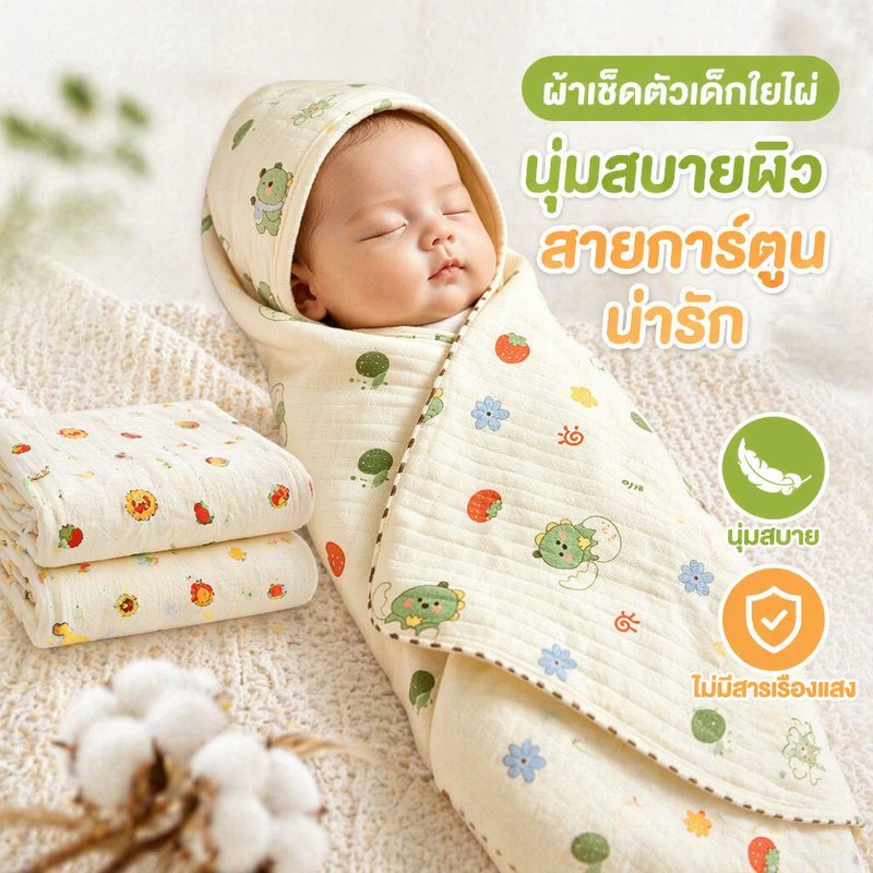 ผ้าเช็ดตัวเด็ก ผ้าห่อตัวทารก ผ้ามัสลิน ผ้ากอซสองชั้น ซับน้ำดี นุ่มสบาย เด็กแรกเกิด ลายการ์ตูน