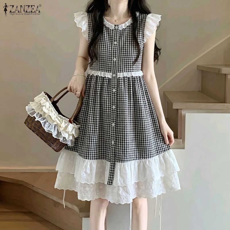 ZANZEA ชุดเดรสคอกลมลําลองสไตล์เกาหลีของผู้หญิง Ruffles Patchwork Checkered Dress — صورة 5