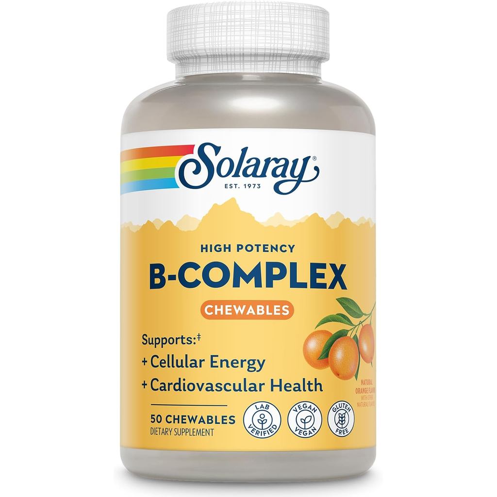 SOLARAY Vitamin B Complex Orange Chewables - B Complex Vitamins w/VIT B12, B6, B2, Biotin, Folic Aci