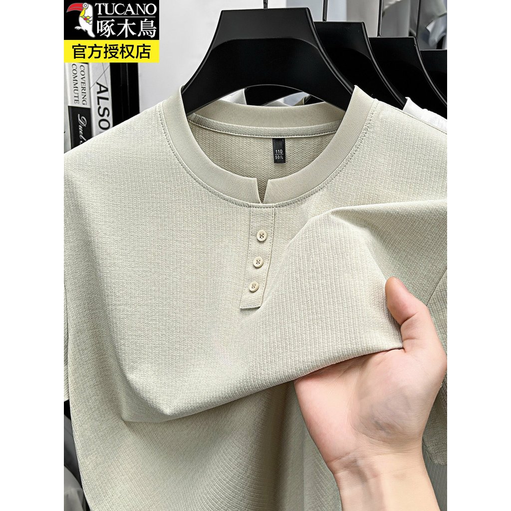Woodpecker Middle-Aed เสื้อยืดแขนสั้นผู้ชายหลวมรอบคอปุ่มธุรกิจลําลอง