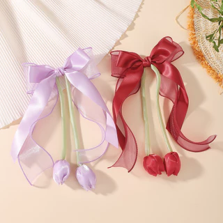 1 PC GrilsTulip ดอกไม้อุปกรณ์เสริมผมคลิปผม Boutique ซาติน Bows หางม้า Hairgripes Elegant อุปกรณ์เสริมผม