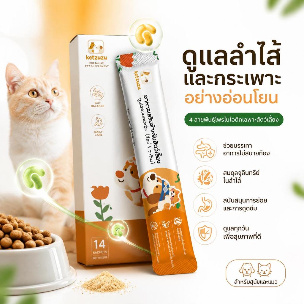 Ketzuzu 12/24 แพ็ค  อาหารเสริมแมว เสริมภูมิคุ้มกันแมว โปรไบโอติกผง ช่วยแมวท้องเสีย อาเจียน และลำไส้แปรปรวน 14g