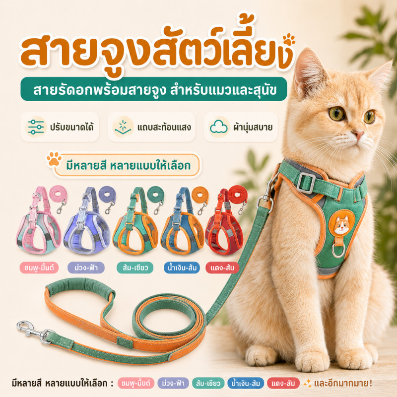 COD สายจูงสัตว์เลี้ยง สายจูงแมวรัดอก เนื้อผ้าระบายอากาศ พกพาได้ สะท้อนแสงกลางคืน ปรับระดับได้