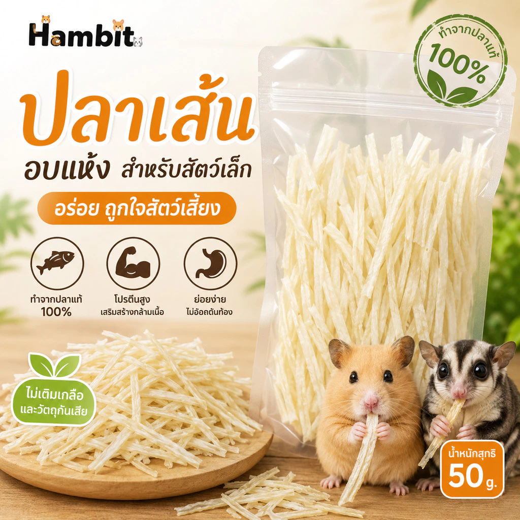 Hambit. ปลาเส้นอบแห้ง 50g ขนมสัตว์เลี้ยงสำหรับสัตว์เล็ก ชูการ์ไรเดอร์ แฮมสเตอร์ โปรตีนสูง ไม่เค็ม