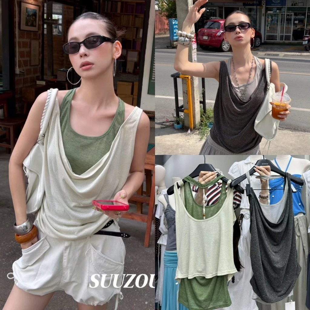 ❤ 🧵 🇰🇷 SU345 สายเดี่ยวเลเยอร์ดีไซน์เก๋ (งานเย็บติด) แต่งลูกปัดด้สนหลัง ใส่แล้วดูมีสไตล แฟชั่นเกาหลี TAG MM Fish 🧡