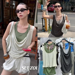 ❤ 🧵 🇰🇷 SU345 สายเดี่ยวเลเยอร์ดีไซน์เก๋ (งานเย็บติด) แต่งลูกปัดด้สนหลัง ใส่แล้วดูมีสไตล แฟชั่นเกาหลี TAG MM Fish 🧡