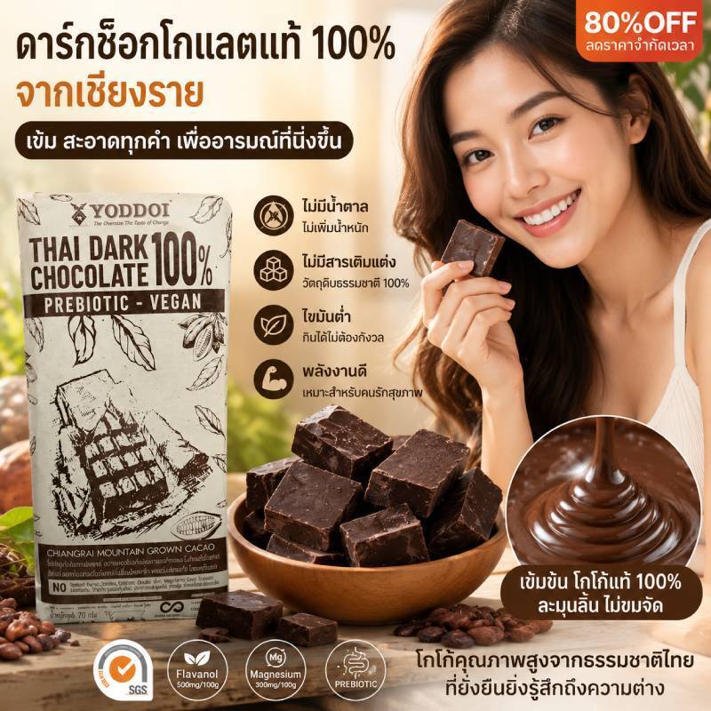 🔥[ไม่มีน้ำตาล] YODDOI 100%ดาร์กช็อกโกแลตแท้ ไขมันต่ำ ช็อกโกแลตฟิตเนส รสขม เข้มข้นคาเคาเชียงราย จากเชียงราย