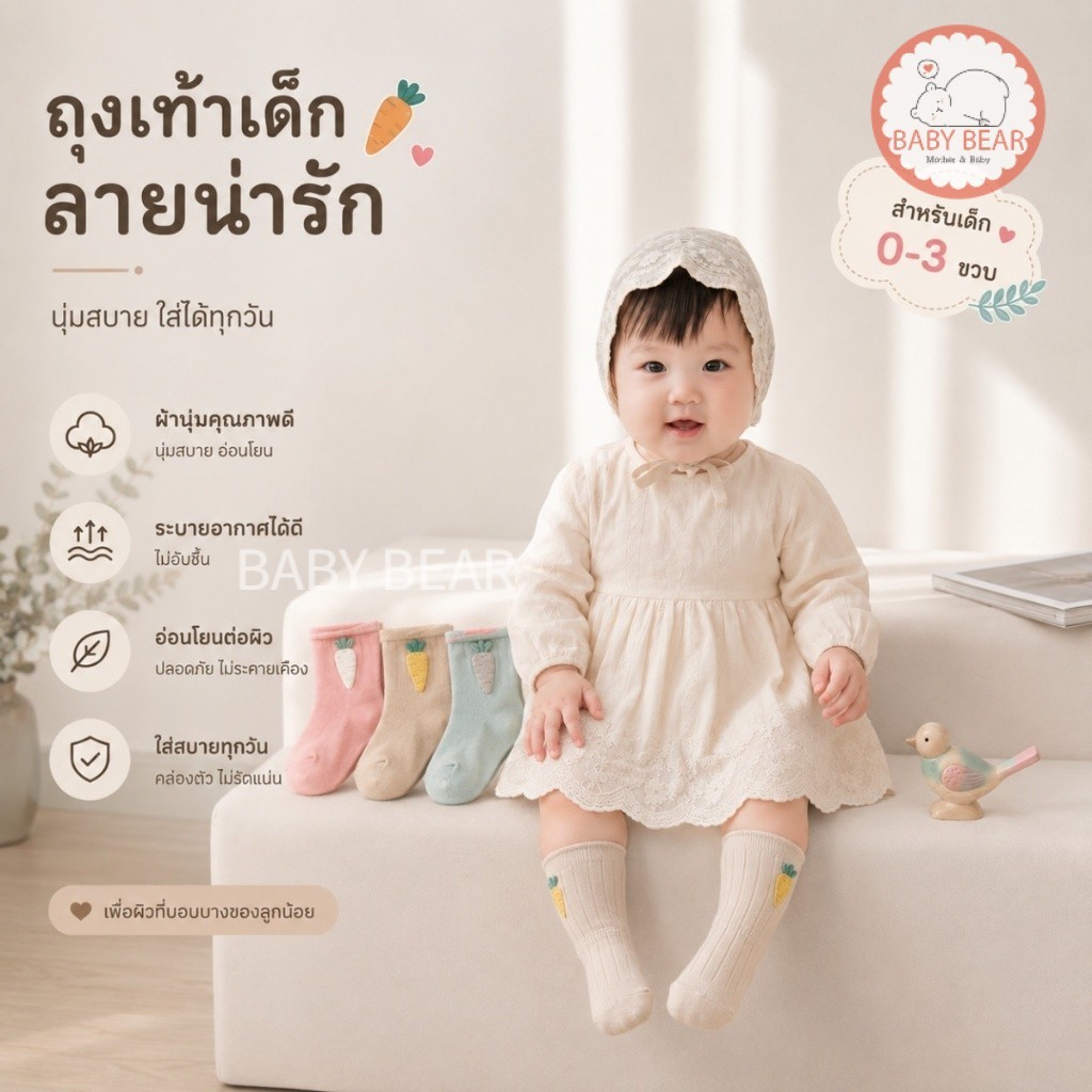 ถุงเท้าเด็ก ถุงเท้ากันยุงสำหรับเด็ก นุ่มใส่สบาย ระบายอากาศดี Size S-M