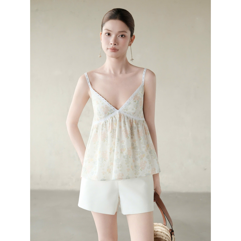 RUBIES Asley Top - เสื้อเบลาส์ เบบี้ดอลล์พิมพ์ลายดอกไม้ผู้หญิง 2 สายคอวี