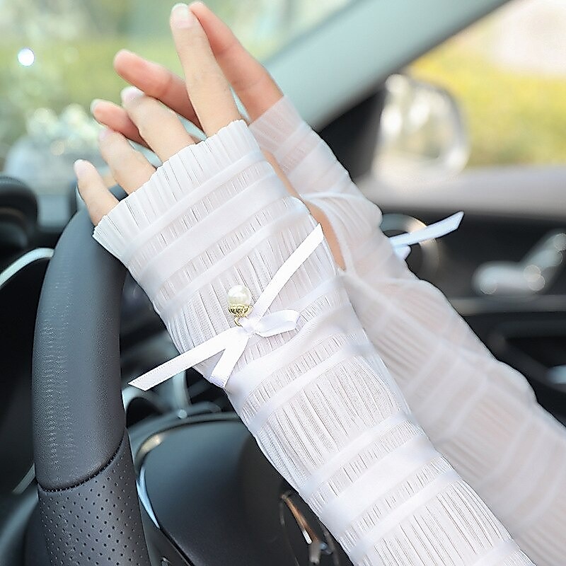 ใหม่ ถุงมือยาว ประดับโบว์ ไข่มุก กันแดด ป้องกันรังสียูวี ยืดหยุ่น เซ็กซี่ แฟชั่นฤดูร้อน สําหรับผู้หญิง
