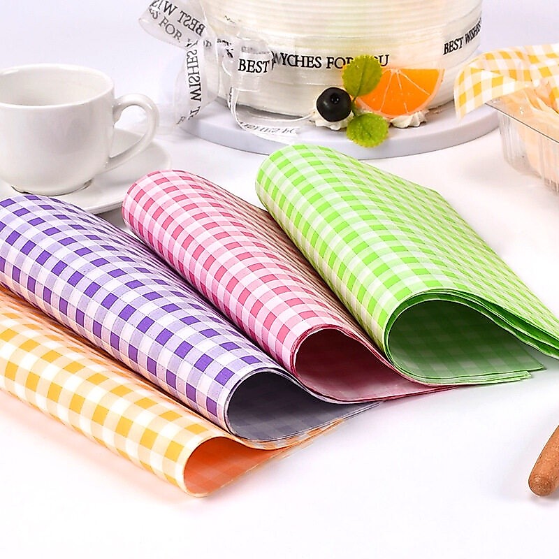 กระดาษไข ลายPlaid Collection ขนาด 18x18cm, 38x28cm มี 5สี ให้เลือก แพ็คละ 50ชิ้น กระดาษห่อเบอร์เกอร์ กระดาษรองขนม