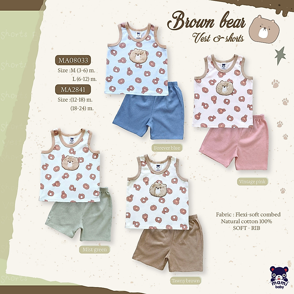 Mami baby เสื้อกล้าม + กางเกงขาสั้น ผ้าร่อง นุ่มๆ 3-6M 6-12M 12-18M 18-24M