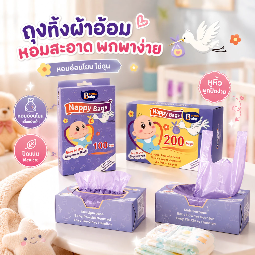 Berma Baby ถุงขยะผ้าอ้อมเด็ก กลิ่นแป้งเด็ก ถุงทิ้งผ้าอ้อม ดับกลิ่น พกพา ใช้แล้วทิ้ง 100/200ถุง/กล่อง