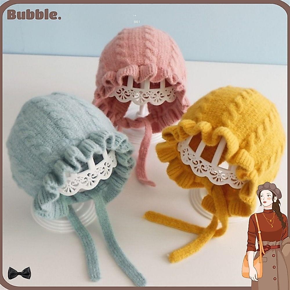 Bubble หมวกผ้าขนสัตว์ถัก มีฮู้ด แต่งลูกไม้ ให้ความอบอุ่น แฟชั่นฤดูใบไม้ร่วง และฤดูหนาว สําหรับเด็กผู้หญิง