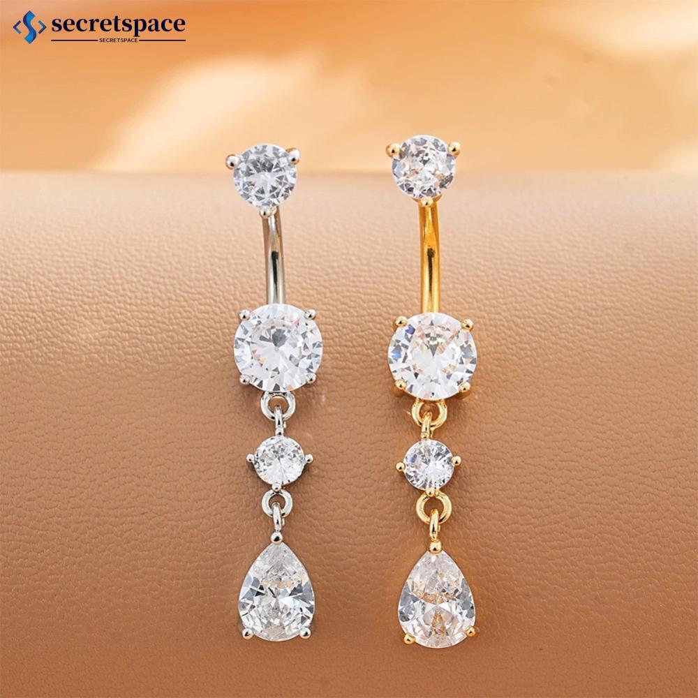 SECRETSPACE Gold Tone สแตนเลสสตีล Belly ปุ่มแหวนดอกไม้ CZ คริสตัล Dangle สะดือแหวน Barbell เจาะเครื่