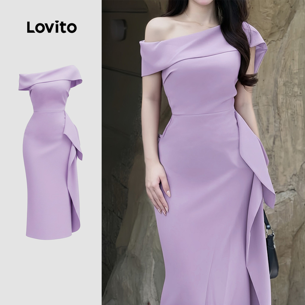 Lovito เดรสสไตล์หรู ซิปดีไซน์ไม่สมมาตร ต้อนรับงานแต่ง/รับปริญญา ฤดูใบไม้ผลิ/ร้อน สีม่วง สำหรับผู้หญิง LK5ED510