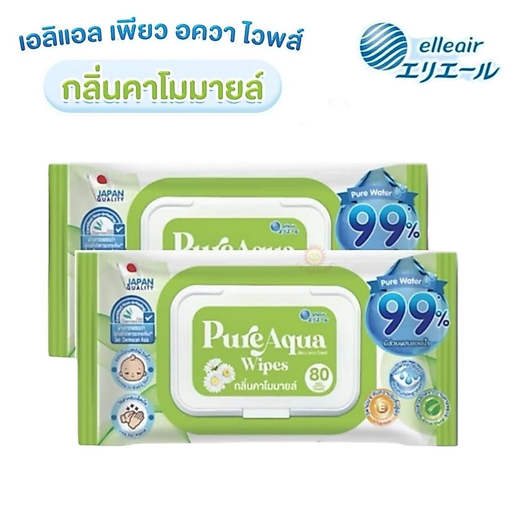 [1แถม1] Elleair (เอลิแอล)ทิชชู่เปียก เพียว อควา ไวพส์ 80 แผ่น กลิ่น คาโมมายล์ สีเขียว