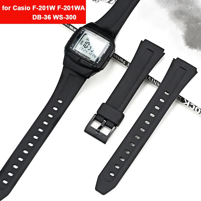 18 มม. สายเรซิ่นสําหรับ Casio F-201W F-201WA DB-36 WS-300 นาฬิกา Matte ยางสีดําผู้ชายผู้หญิงสร้อยข้อ