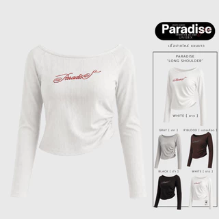 Paradise | เสื้อปาดไหล่แขนยาว ผ้าฉลุลาย ปักโลโก้ด้านหน้า ทรงเข้ารูปสวย ใส่สบาย ยืดหยุ่น ระบายอากาศดี เสื้อแฟชั่นผู้หญิง