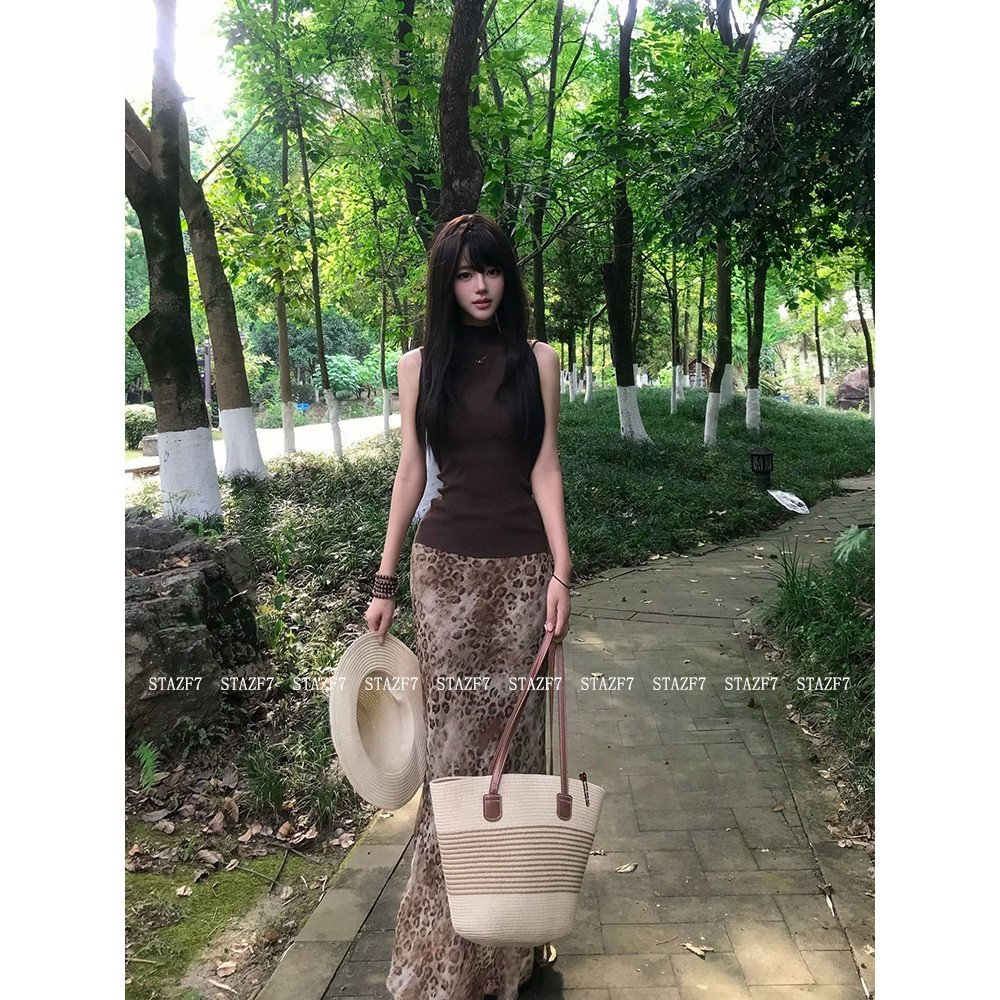 กระโปรง กระโปรงลายเสือดาวในสไตล์อเมริกันวินเทจ Umiko STAZF7 Pure Desire สาวร้อนแขนกุดครึ่งคอสูงด้านบ