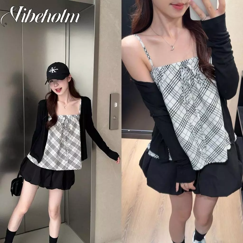เสื้อคาร์ดิแกนถักสีดําสไตล์เกาหลีเหมาะสําหรับฤดูใบไม้ร่วงสวมใส่.จับคู่ตรวจสอบเสื้อกั๊กเพื่อสร้างหวานเซ็กซี่สองชิ้นสไตล์เลดี้แฟชั่นลูกไม้เสื้อกั๊กแขนกุดออก