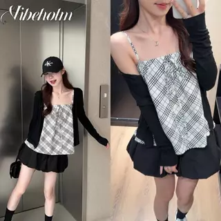 เสื้อคาร์ดิแกนถักสีดําสไตล์เกาหลีเหมาะสําหรับฤดูใบไม้ร่วงสวมใส่.จับคู่ตรวจสอบเสื้อกั๊กเพื่อสร้างหวานเซ็กซี่สองชิ้นสไตล์เลดี้แฟชั่นลูกไม้เสื้อกั๊กแขนกุดออก