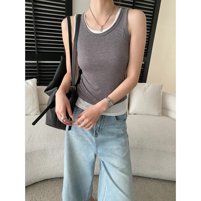Snan People One Piece Tencel Blend Contrast สีปลอมสองชิ้น U คอ Slim-fit Slimmer ดู Camisole SN8840