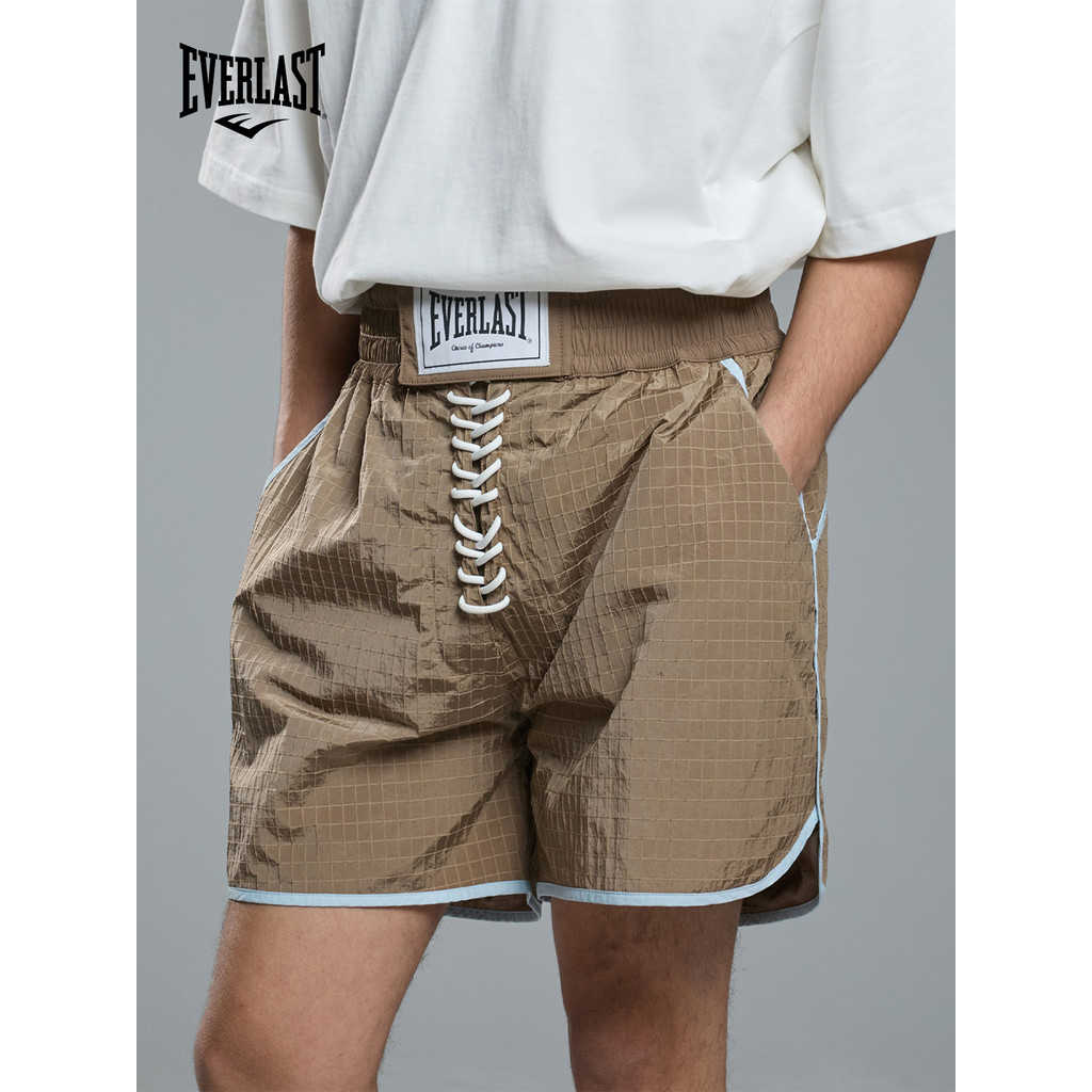 American EVERLAST Boxing Training Shorts Men Multi-Pocket Plaid Retro Sanda กีฬาฟิตเนสกางเกงสามจุดผู