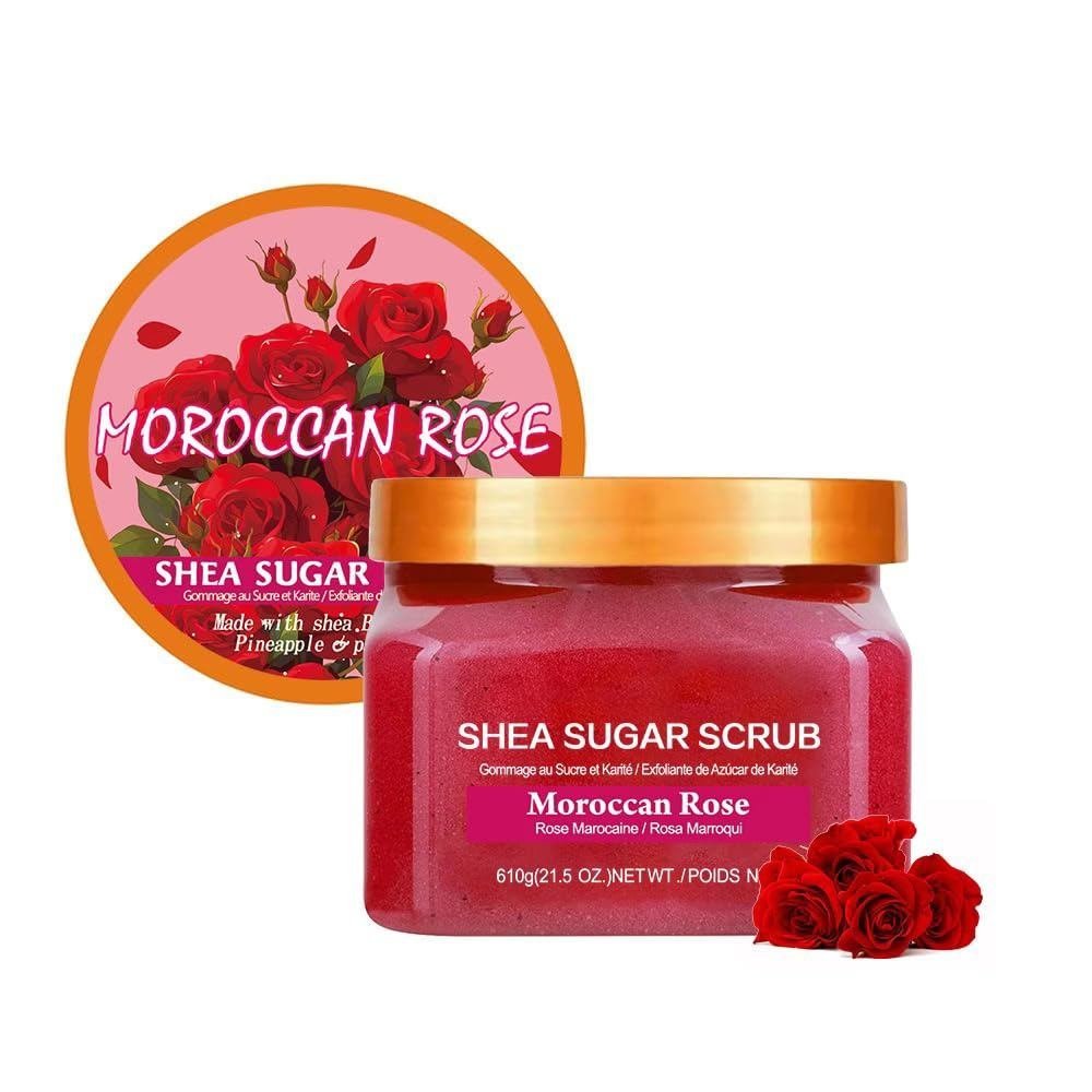 Moroccan Rose Shea Sugar Body Scrub 21.5 ออนซ์ ขัดผิวและให้ความชุ่มชื้นสําหรับผิวกระจ่างใส