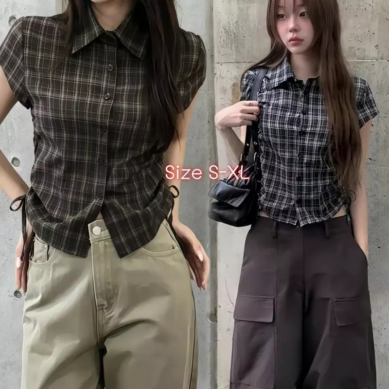 Dode W725#เสื้อเชิ้ตแขนสั้นลายสก็อตสไตล์เกาหลี ดีไซน์ผูกโบว์ เหมาะสำหรับใส่ในฤดูร้อน สไตล์ผู้หญิง