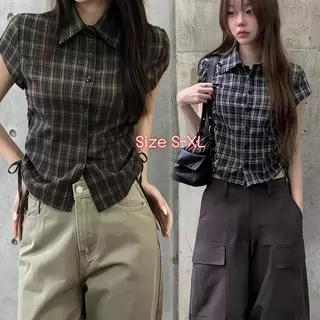 Dode W725#เสื้อเชิ้ตแขนสั้นลายสก็อตสไตล์เกาหลี ดีไซน์ผูกโบว์ เหมาะสำหรับใส่ในฤดูร้อน สไตล์ผู้หญิง