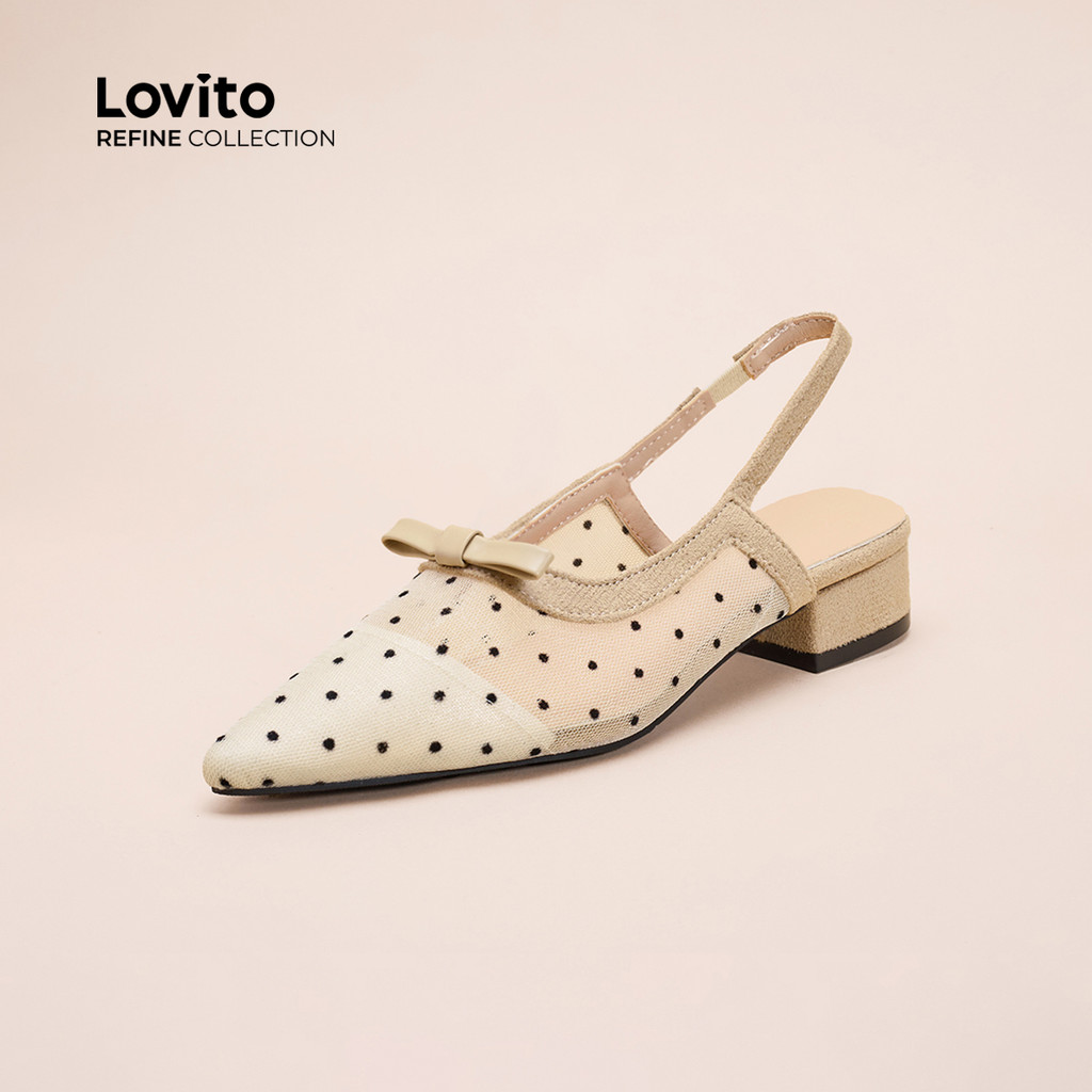 (Refine by Lovito) สง่างาม รองเท้าบัลเลต์หัวแหลมผ้าตาข่ายระบายอากาศลายจุดสไตล์ฝรั่งเศสผูกโบว์แบบสำหรับผู้หญิง LFA70175