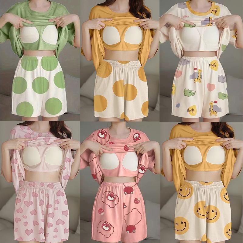 BIMI ชุดนอน ผ้าเด้งนิ่ม พร้อมส่งชุดนอนแขนสั้นขาสั้นคอกลมมีบราในตัว Lady ผู้หญิง